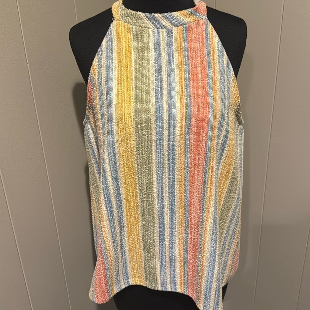 Anthropologie (W5) muted stripe nubby tweed button back halter top. XL.